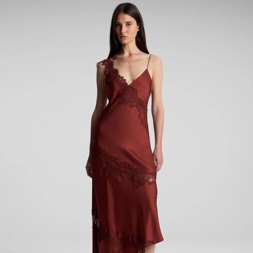 A.L.C. Stella Satin and Lace Midi Dress Size 0 Rust